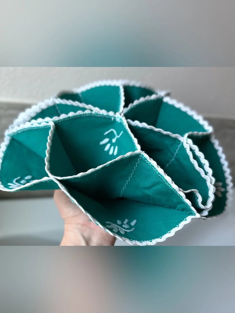 VTG Green Cloth Bun Warmer / Server, White Floral Embroidery, Snaps, Rickrack